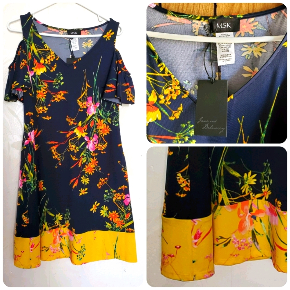 NWT MSK S Large dress floral black yellow